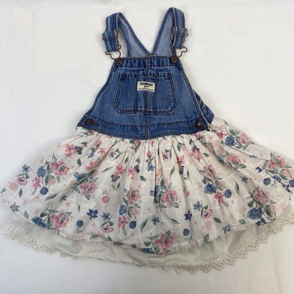 OshKosh Girls Jumper Denim Dress White Floral Eyelet Skirt Overalls Size 4T